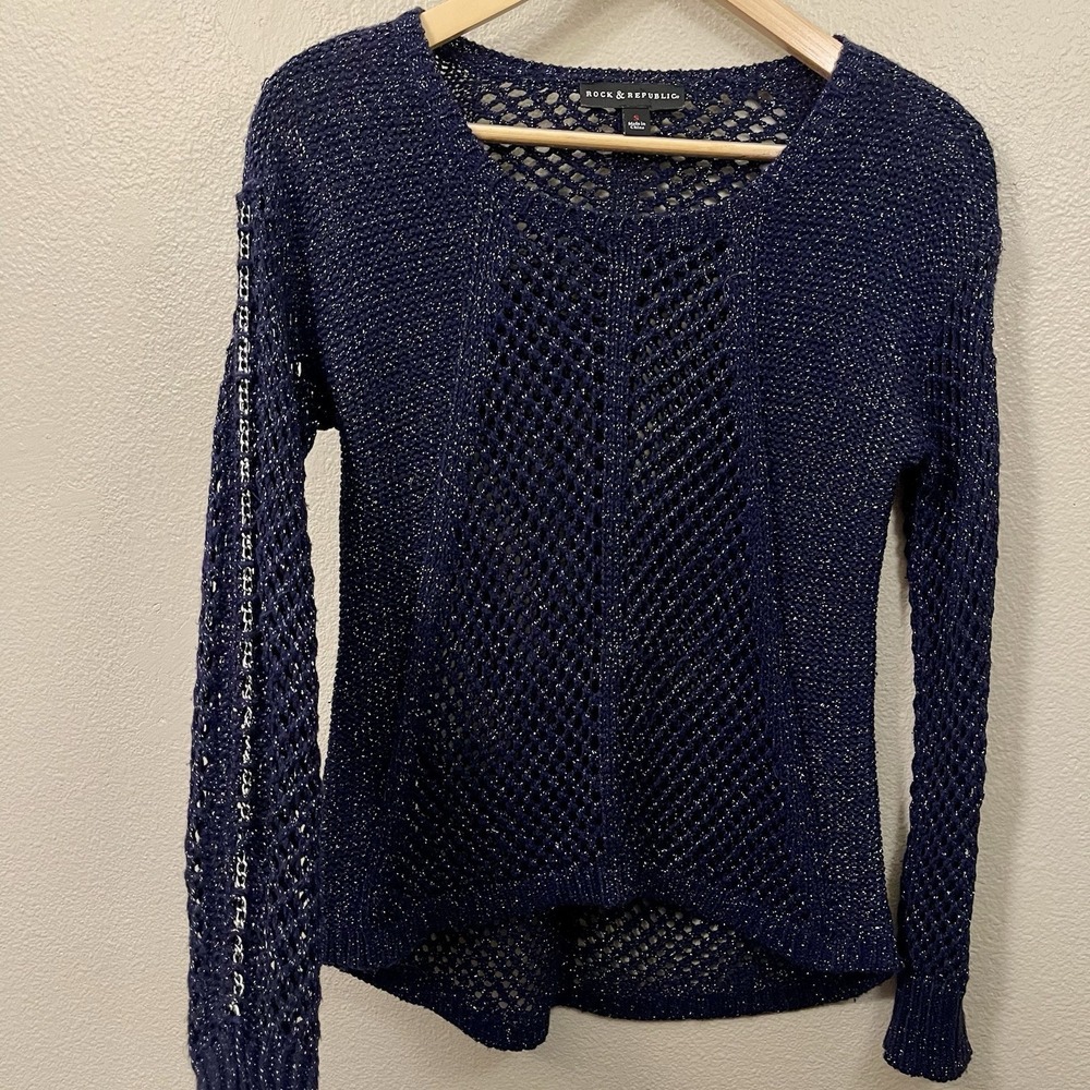 Rock & Republic Open Knit Sweater Chain Navy Metallic Grunge Rock Goth Punk Sz S
